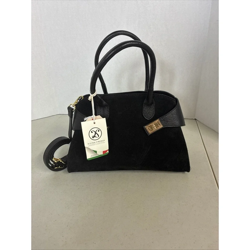 Divina Firenze Black Suede Leather Ginny Satchel Crossbody Bag Made in Italy NEW